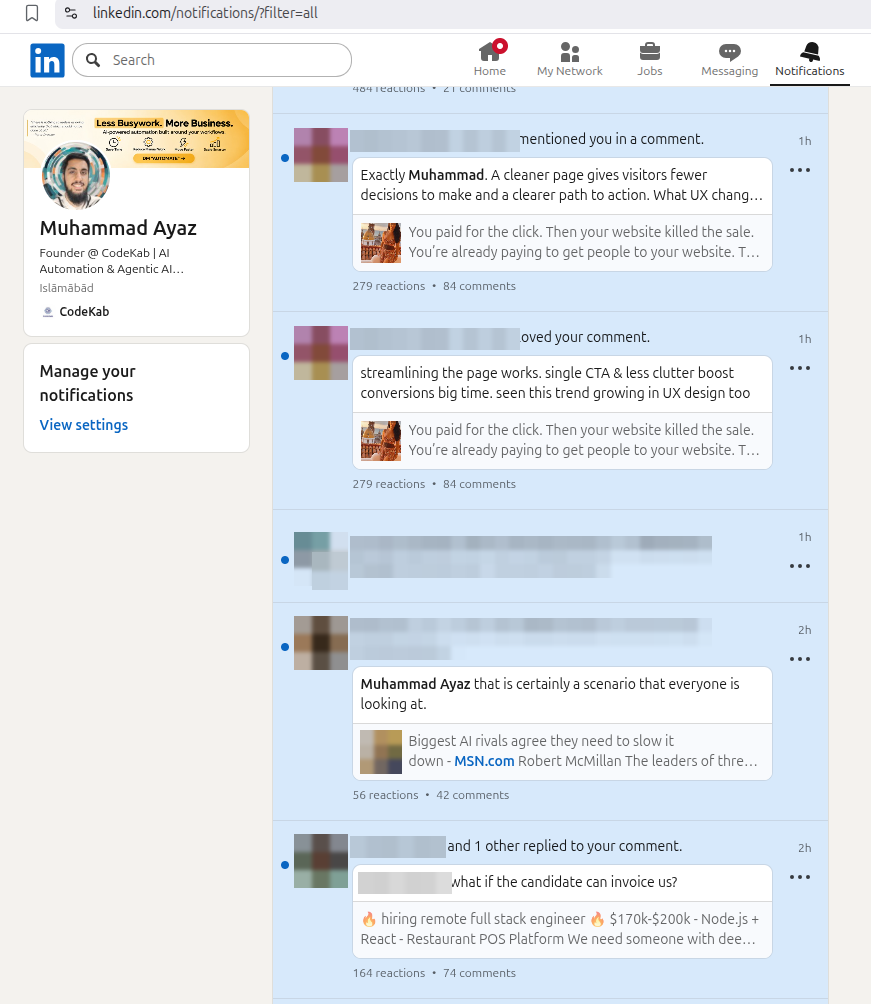 Full LinkedIn notifications page, founder account, 14 September 2026, with other people's names and faces blurred