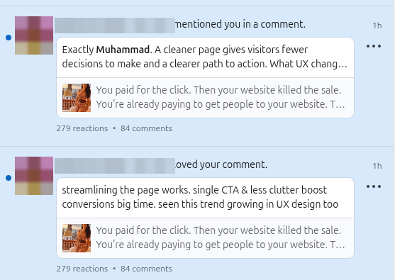 LinkedIn notifications on the founder account: people replying to and mentioning the account's comments, and new followers